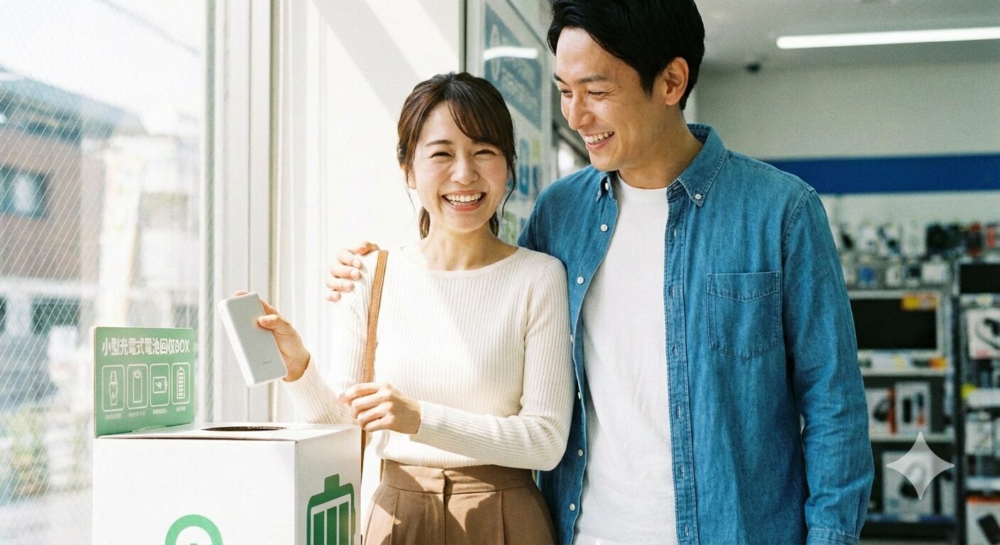 回収ボックスにモバイルバッテリーを入れる様子